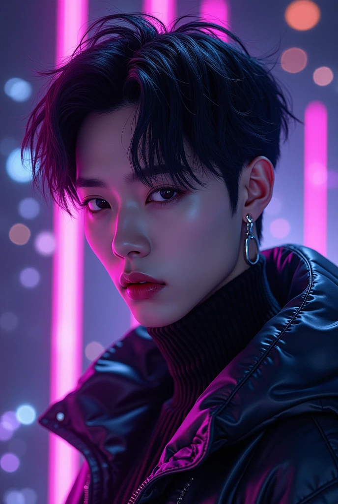 Korean male cyber dark and white idol with purple accents