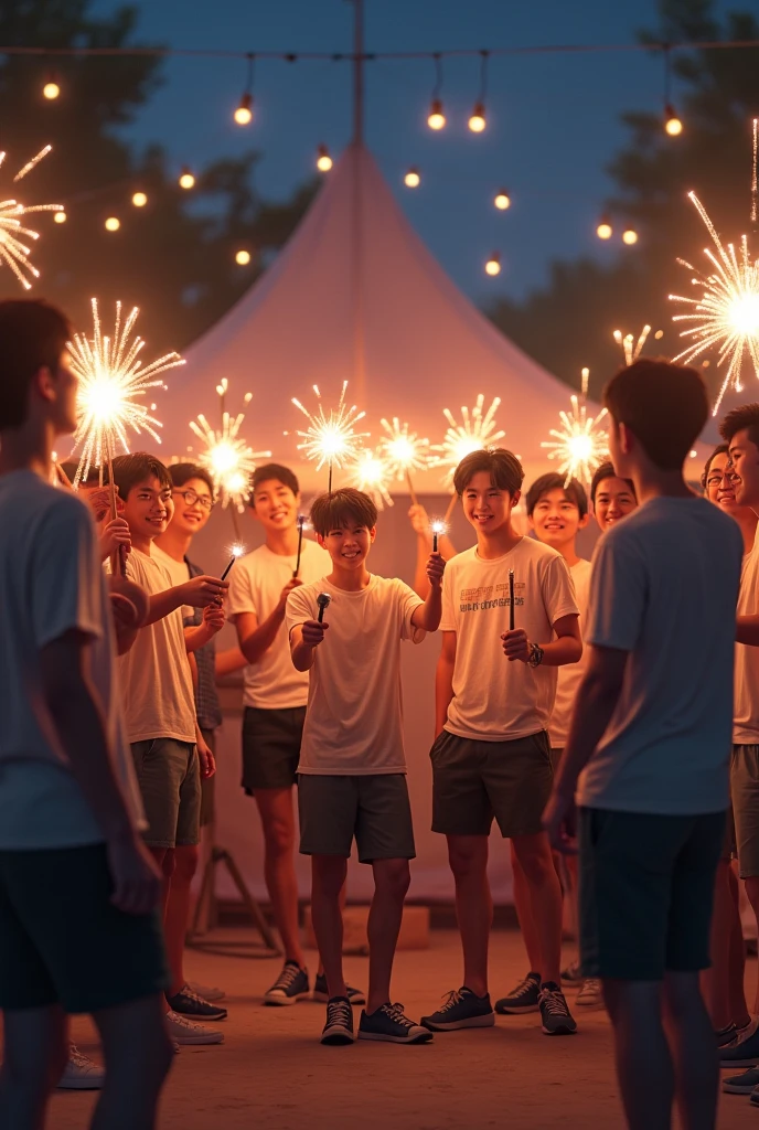 Male group in their late 20s　Japanese　Hand-held fireworks　　camp site　LGBT Tent　Sexy feeling　　About 20 boys　みんなHand-held fireworks持ってる