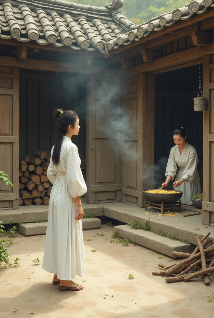 In ancient China during the Tang Dynasty, a young woman in a white dress without makeup stopped in the courtyard of an old, poor wooden house and looked at her younger sister who was cooking rice by the firewood in the kitchen.