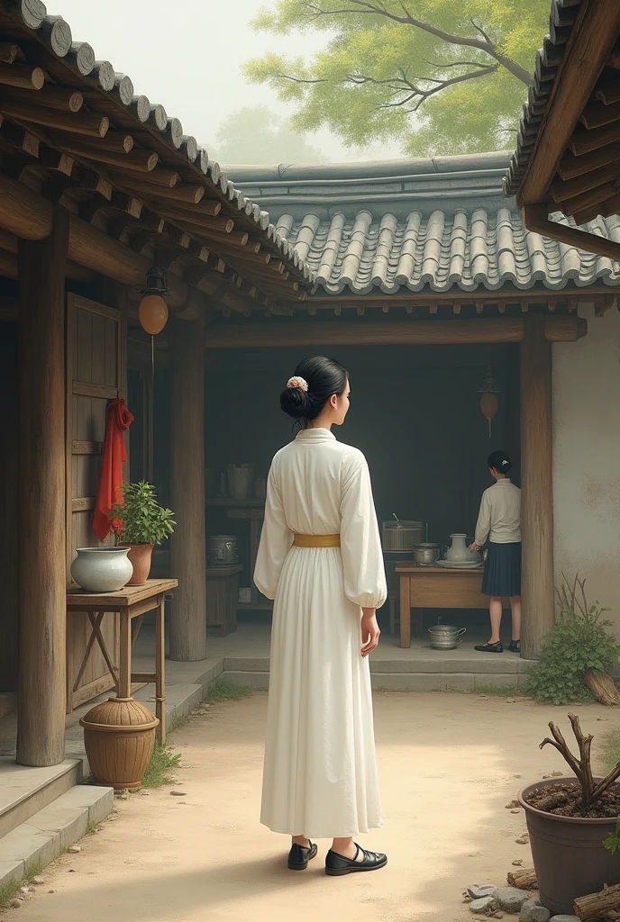 In ancient China during the Tang Dynasty, a young woman in a white dress without makeup stopped in the courtyard of an old, poor wooden house and looked at her younger sister who was cooking rice by the firewood in the kitchen.