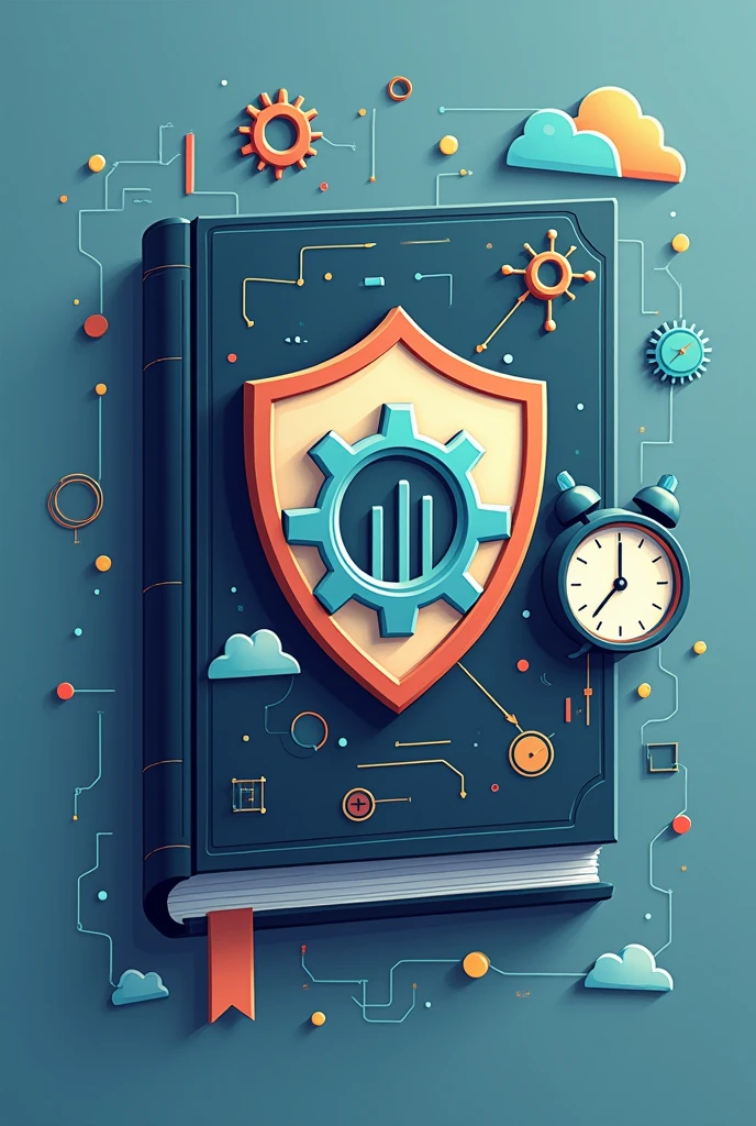 A symbol representing information management. A book that will have a shield on the cover, inside the shield there will be a gear and inside it there will be a bar graph and a cloud with a downward arrow and cutting through the gear there will be a symbol of a clock on the side.. 