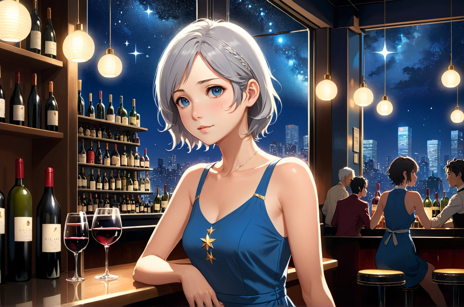 Uses Makoto Shinkai&#39;s depiction perfectly,Portrait of Alica Schmidt,8k 4k masterpiece photo ,Paris,A jazz bar with a glass ceiling,The twinkling stars can be seen through the glass windows.,It&#39;s a dark night outside,Jazz is playing,Beautiful in profile,Semi-long hair,Silver Hair,Look in a different direction,Standing alone at the counter,There is a wine glass in front of me.１There are、Tight fitting blue tank top dress,The bust is large,Different store