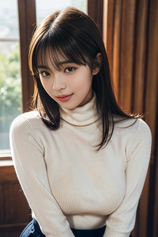 bangs,(Large Breasts:1.2),(Highest quality,masterpiece:1.2),One person,One person,One personで,Fair skin,8k,Ultra-high resolution,Very detailed,Highest quality,Look at the viewers、Perfect lighting,flat light,super high quality,Ultra-high resolution,masterpiece,Realistic,Detailed face,Perfect Anatomy,Slender body、Young Face、smile、sweating、Blushing、Please show me your whole body、((wearing a turtleneck sweater))、Beautiful legs、、Round face、light makeup、Sweaty、Narrow waist、Sensual pose,後ろ姿