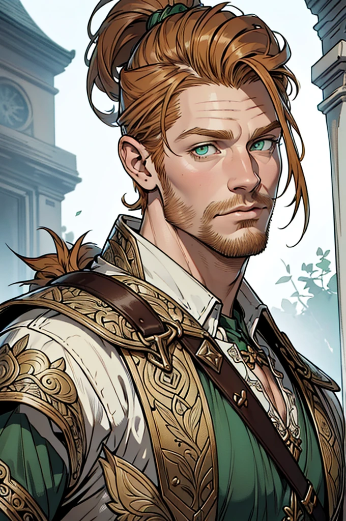 (masterpiece),(Very detailed),(Very detailed),(best quality), perfect lighting, fantasy man, 40 years old, solo ((short messy ginger hair)), muscle, correct proportions, facial details, high ponytail hairstyle, tall, stunning, beautifull face, green eyes, fantasy clothing, animated style, perfect face, highest detail, stubble, detailed face, intricate details, determination