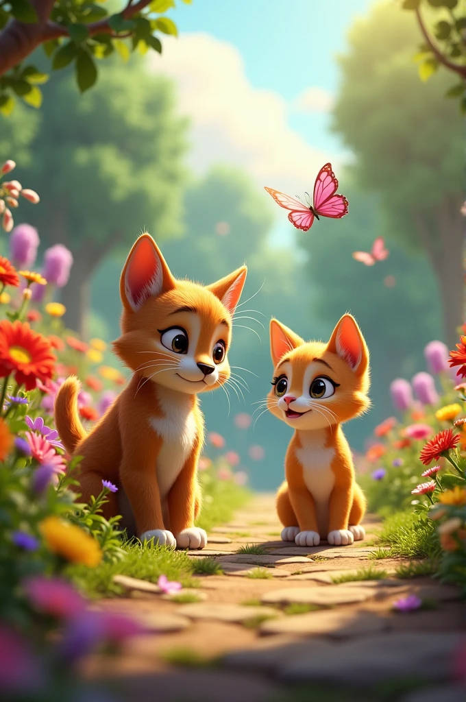 Bella cat and Max exploring a colorful garden. Bella is sniffing flowers, and Max is playfully chasing butterflies. The garden is vibrant and full of life."