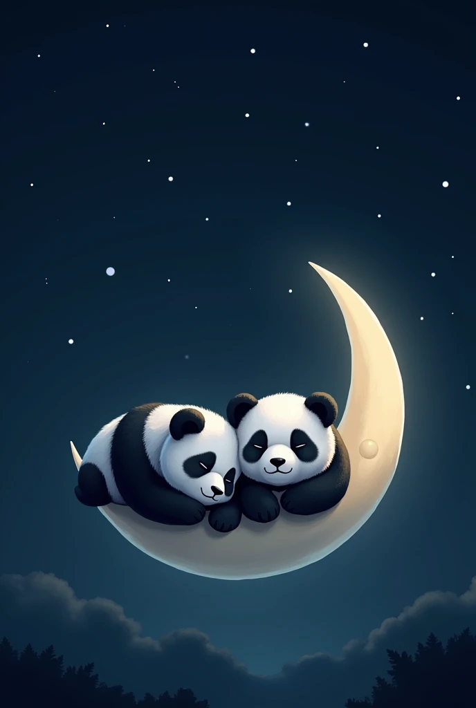 create mobile wallpaper with 2 cute pandas, sleeping on a crescent moon, white, in a night sky, very dark and beautiful. only blue colors, black andwhite. realistic styling
