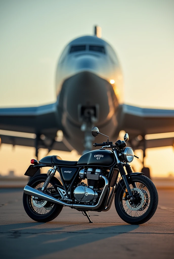 Royal enfield continental GT 650 bike near the aeroplane