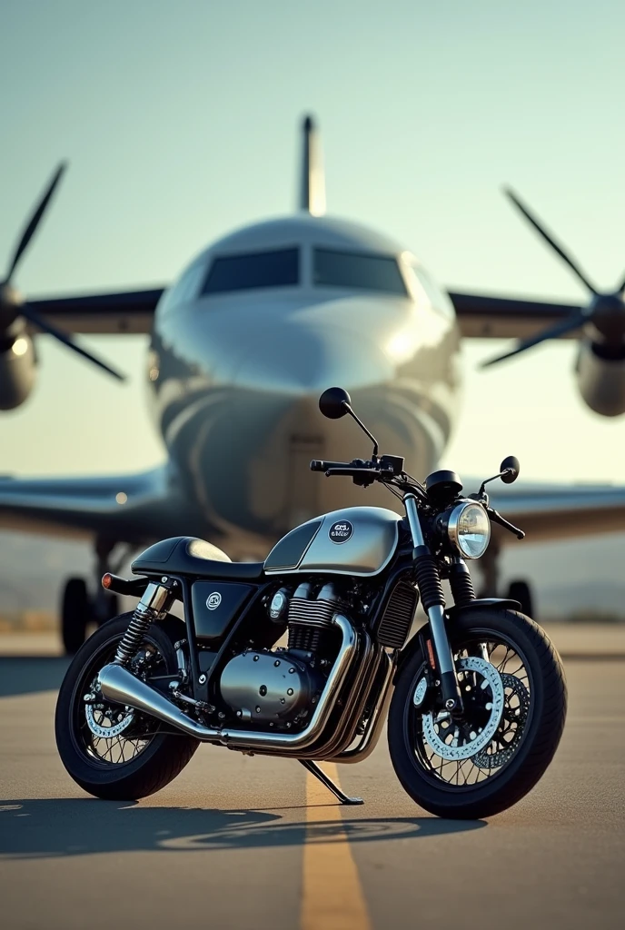 Royal enfield continental GT 650 bike near the aeroplane