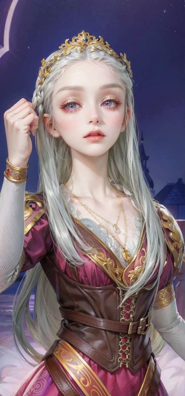 (masterpiece, top quality, best quality, official art, enchanting and aesthetic:1.2), 1female, white silver hair, royal braided hair, violet eyes, white and red dress, red and gold jewelry, high quality details, 4k eyes, white hair, silver white hair, long hair, siren eyes, cold expression