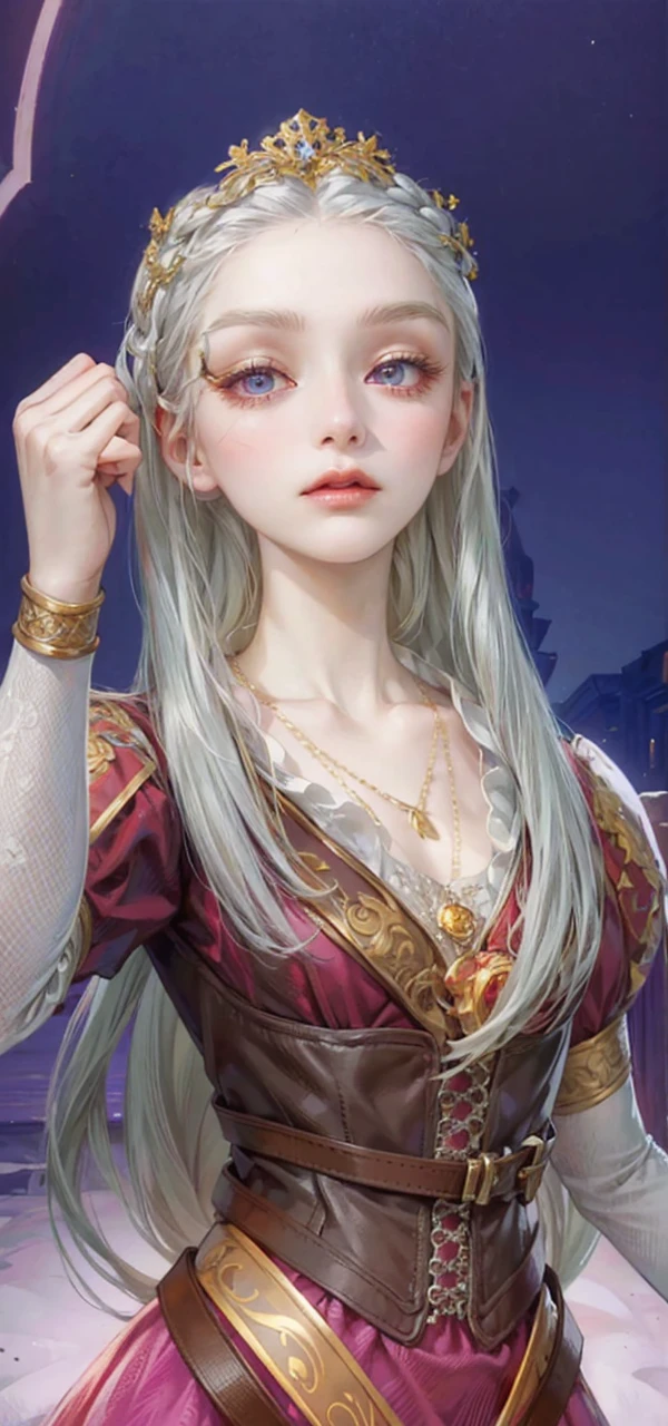 (masterpiece, top quality, best quality, official art, enchanting and aesthetic:1.2), 1female, white silver hair, royal braided hair, violet eyes, white and red dress, red and gold jewelry, high quality details, 4k eyes, white hair, silver white hair, long hair, siren eyes, cold expression