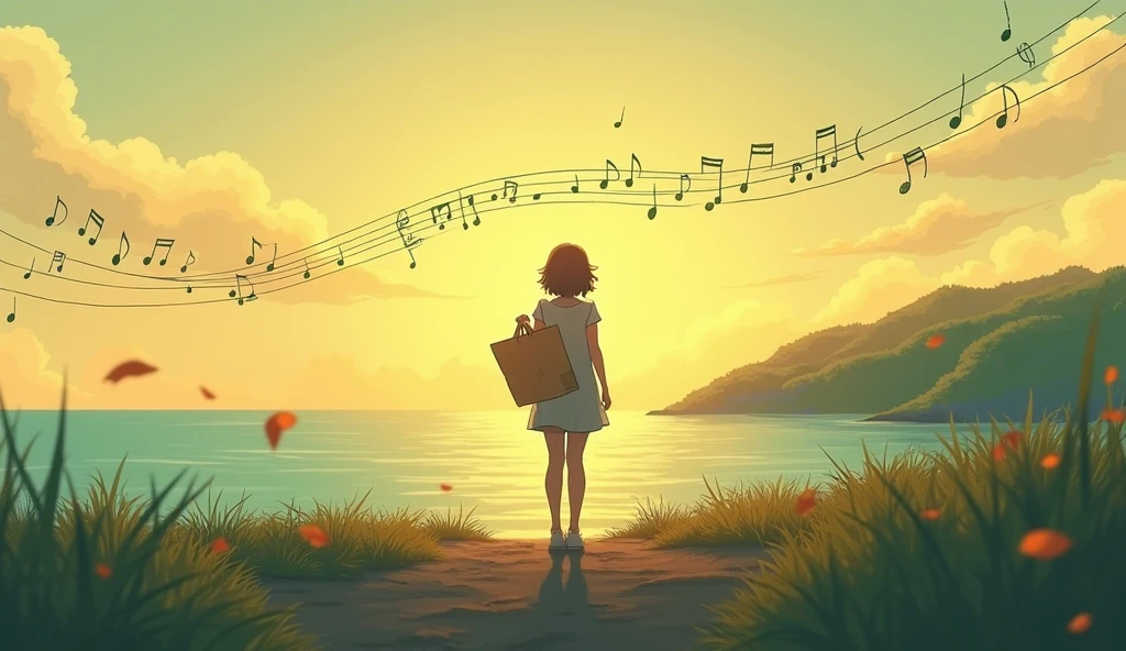 “A single image capturing the whimsical and introspective mood of the song lyrics. The scene begins with a soft sunrise, the golden sun rising in the east over a vast, tranquil ocean. In the foreground, a solitary traveler embarks on a journey, clutching a simple hand-drawn map, symbolizing adventure and spontaneity. The ocean stretches out infinitely, gentle yet resolute, reflecting the warm light of dawn. The traveler, seemingly floating on the melody, is depicted blowing a tune on a whistle, with musical notes visually flowing around them. The overall atmosphere is calm yet filled with a sense of anticipation. The landscape ahead is lush and green, representing the ‘green’ the traveler faces, embodying the beginning of a new story, much like the start of a children’s novel or an acoustic life tale. The image should feel nostalgic, warm, and inviting, with a touch of quiet solitude, embracing the blend of uncertainty and hope that defines the lyrics.&quot;One person, High resolution, smile, High resolution, masterpiece, Anatomically correct, Winner of numerous awards, Highest quality, Long Hair, Back view, far and near method, 