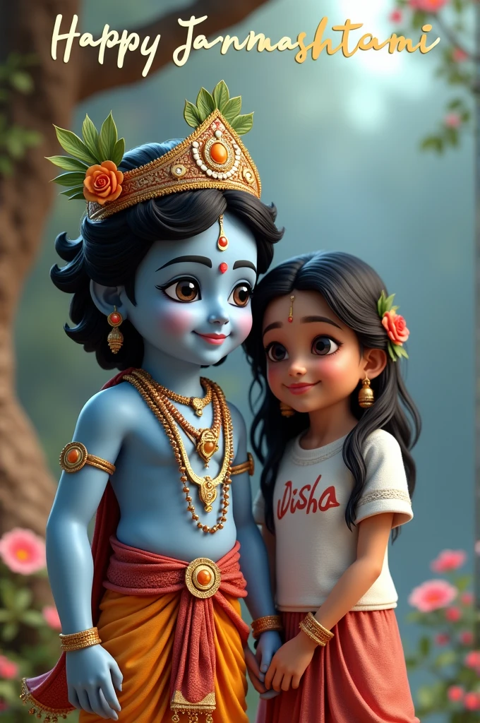 Imagine a 3D realistic image of Lord Krishna with a 1 Indian girl,the girl is wearing white t-shirt with her name "Disha" written boldly on his top ,The backdrop is beautiful and "HAPPY JANMASHTAMI" written on top.