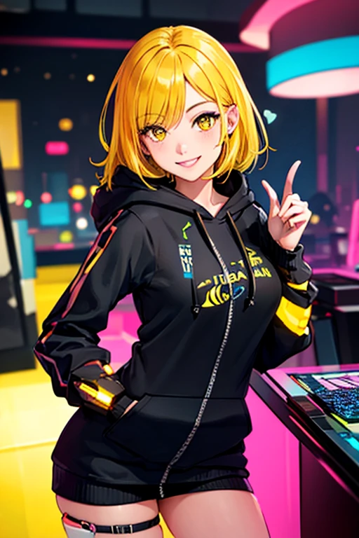 high quality, subsurface scattering, chromatic lighting,
colorized, yellow + black limited color palette,
detailed concept drawing,
in a club, posing, futuristic, cyberpunk, hoodie
portrait, 20yo 1girl, medium soft breasts, slender, yellow hair, yellow eyes, smiling