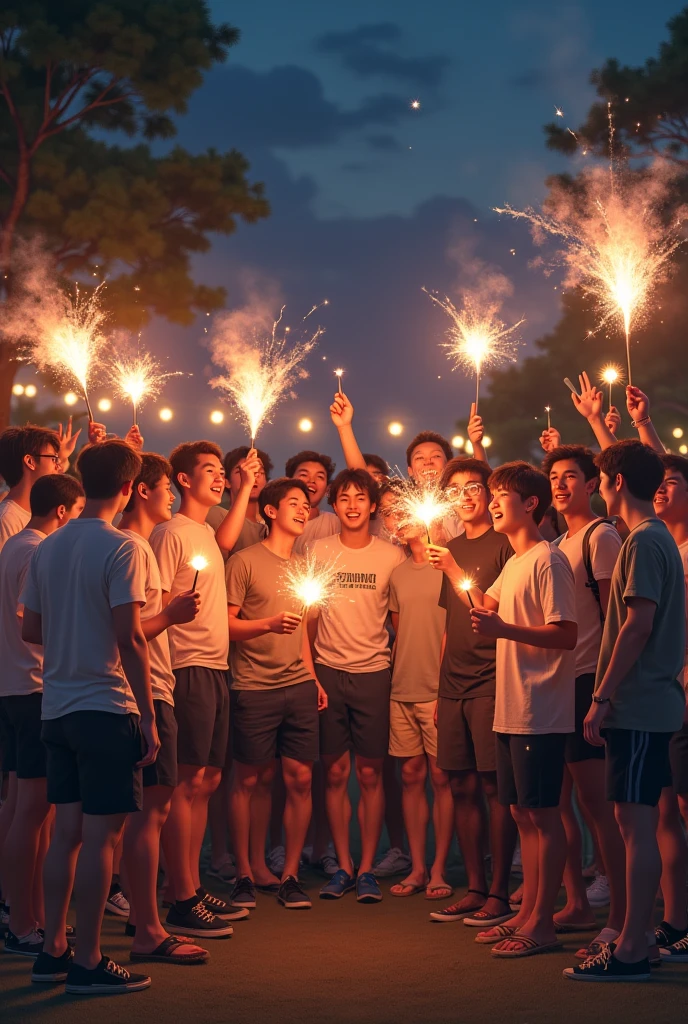 Male group in their late 20s　Japanese　Hand-held fireworks　　camp site　LGBT Tent　Sexy feeling　　About 20 boys　みんなHand-held fireworks持ってる
