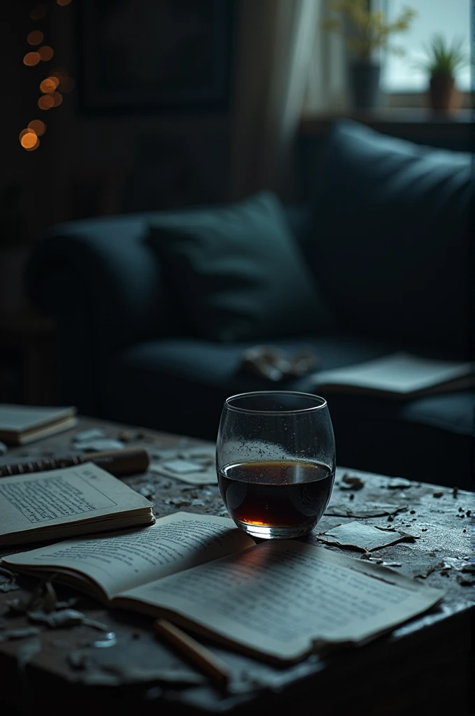 **main image**: A background with a lonely atmosphere, like a messy coffee table in a dark, cozy room. over the table, a glass of drink, maybe a bottle of wine or a glass with a drink that looks half full, reflecting the feeling of desolation.
*Additional Elements**: Scraps of paper or notebooks with notes and sentences in irregular handwriting, some torn or smudged, scattered across the table or around the glass. This illustrates the character's confusion and disordered feelings..
**colors**: Dark and saturated tones, like navy blue, gray and black, with touches of white or silver to create contrast and highlight the title. The use of shadows and soft lighting can intensify the feeling of melancholy..