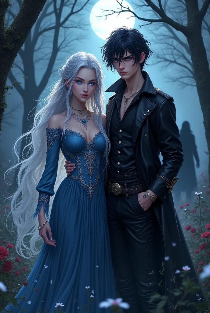 The protagonist with long, wavy hair, with silver locks that shine under the moonlight. Hair looks almost ethereal, as if floating lightly, the eyes a deep shade of blue, like a night sky, with small silver sparks that resemble stars. They have a hypnotic glow, almost as if they reflected the moonlight. Furthermore, the pupil is slightly elongated, giving a mysterious and predatory touch, like a vampire&#39;s. This combination conveys both her enchanted wisdom and a certain seductive and enigmatic air..
the skin is pale with a slight glow reminiscent of nighttime luminescence. Small constellation markings can adorn your arms and face, wearing a long, flowing dress, made of a fabric that appears to change color between deep blue and black, with silver embroidery could be in the center, com um olhar intenso, holding a magical artifact. 
Beside her is her brother with short, messy hair., with a dark tone that reflects a bluish glow under the moonlight. He has a rebellious and mysterious appearance.
Eyes An intense red, almost mesmerizing, that shines at night. They have a piercing gaze, capable of causing fascination.
Skin also pale, but with a colder touch, almost translucent. Veins may be slightly visible beneath the surface.
Clothing A fitted black shirt with leather details and dark pants. A long coat, elegant and structured, which gives a majestic and threatening air.
Accessories A silver chain around the neck and large rings that look like they&#39;re made of brushed steel, He is looking at the background where there is a shadow that represents the antagonist in the middle of the fog., with a threatening aura, A setting that mixes elements of nature and magic, like an enchanted forest with tall trees and bright flowers, but also with sinister shadows that suggest danger. runes that represent both blood (like drops or marks) as the charms (como estrelas)
