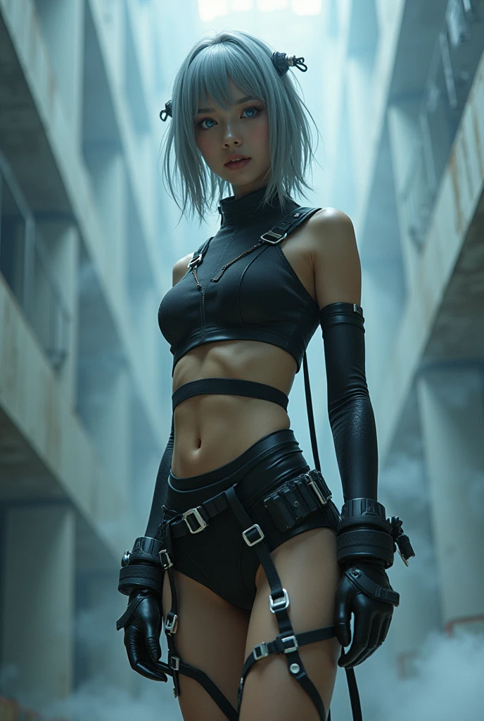 Worried, outside, forest, (((wet, rain, raining))), Kneeling, Arms behind back, ((bound arms, restrained, ((((rope)))), tied up)), (((((((Black leather))))))), ((crop top, long sleeves, pencil skirt, ((goth)), knee boots)), white thigh socks, Slightly happy, Short hair, (((white hair))), ((white hair with ((blue tips)))), blue dye, ((((((green eyes)))))), ((small breasts)), best quality, high-res, masterpiece, 8k, (((mature, woman))), solo, 1 girl