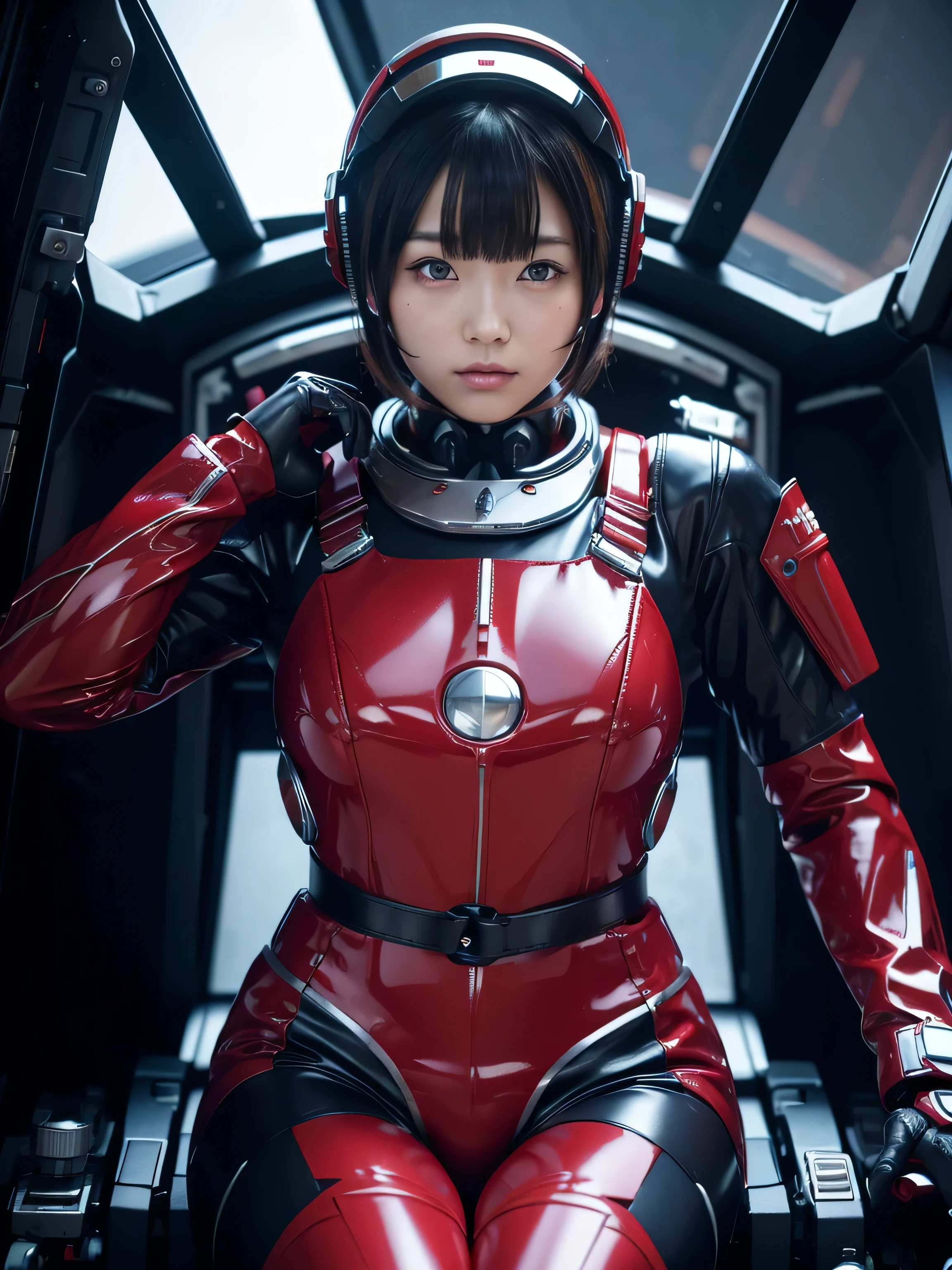 masterpiece, Highest quality, Very detailed, Japanese Android girl, Beautiful 2 Japanese woman, Plump,Slightly thicker,Control panel,Android,cyborg,Blunt bangs,Sitting in the cockpit and holding the control stick,Red robot suit,Thick black harness belt,Helmet