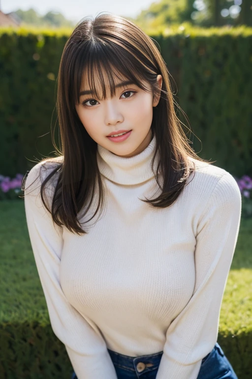 bangs,(Large Breasts:1.2),(Highest quality,masterpiece:1.2),one person,one person,one personで,Fair skin,8k,Ultra-high resolution,Very detailed,Highest quality,Look at the viewers、Perfect lighting,flat light,super high quality,Ultra-high resolution,masterpiece,Realistic,Detailed face,Perfect Anatomy,Slender body、Young Face、smile、sweating、Blushing、Please show me your whole body、((wearing a turtleneck sweater))、Beautiful legs、Baby Face、Round face、light makeup、Sweaty、Narrow waist、((sensual pose)),((whole body))