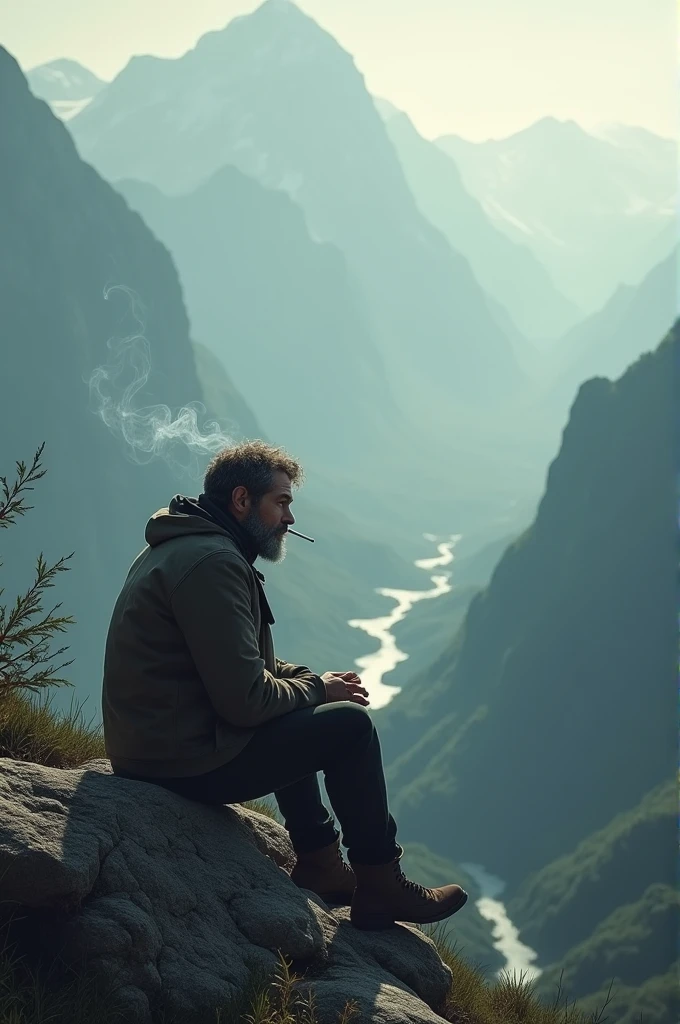 Alone man sitting in mountain with smoking