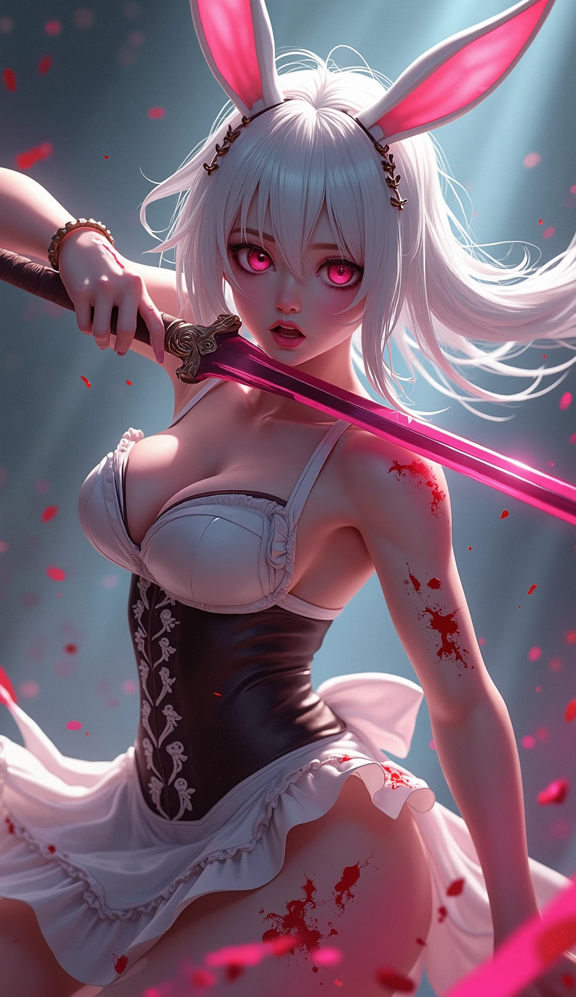 anime style girl, white hair, white bunny ears, pink eyes, and pink fighting with a pink sword and angry all covered in blood maid outfit with huge busts, high quality, (RAW photo, best quality), (realistic, photorealistic: 1.4), (extremely delicate and beautiful: 1.4), amazing, fine details, masterpiece, ultra detailed, high resolution, best illustration, best shadow, intricate, ( extremely intricate: 1.2), (exquisitely detailed skin), cinematic light, perfect anatomy, (cool color: 1.4), sharp focus, 8k UHD, DSLR, (Fujifilm XT3),Epic Fantasy Art Style HD, 4K fantasy art, epic fantasy digital art style, epic fantasy art style, Fantasy Woman, epic fantasy art portrait, Epic fantasy style, hyperrealistic fantasy art, hd fantasy art, Epic fantasy character art, epic fantasy art, in style of dark fantasy art, epic fantasy digital art