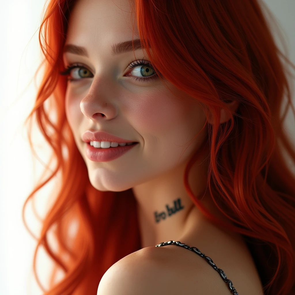 a beautiful smiling girl with long red hair, detailed eyes, nose, and lips, close-up from the side, looking at the camera, on a white background, small tattoo on the neck with the inscription "ERO BULL"(best quality,4k,8k,highres,masterpiece:1.2),ultra-detailed,(realistic,photorealistic,photo-realistic:1.37),HDR,studio lighting,extremely detailed face and body, portrait,cinematic lighting,dramatic lighting,warm color tones,dramatic colors