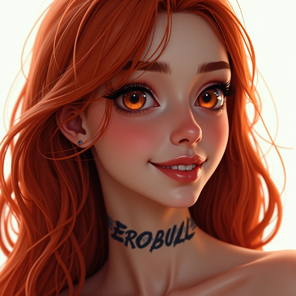 a beautiful smiling girl with long red hair, detailed eyes, nose, and lips, close-up from the side, looking at the camera, on a white background, small tattoo on the neck with the inscription "ERO BULL"(best quality,4k,8k,highres,masterpiece:1.2),ultra-detailed,(realistic,photorealistic,photo-realistic:1.37),HDR,studio lighting,extremely detailed face and body, portrait,cinematic lighting,dramatic lighting,warm color tones,dramatic colors