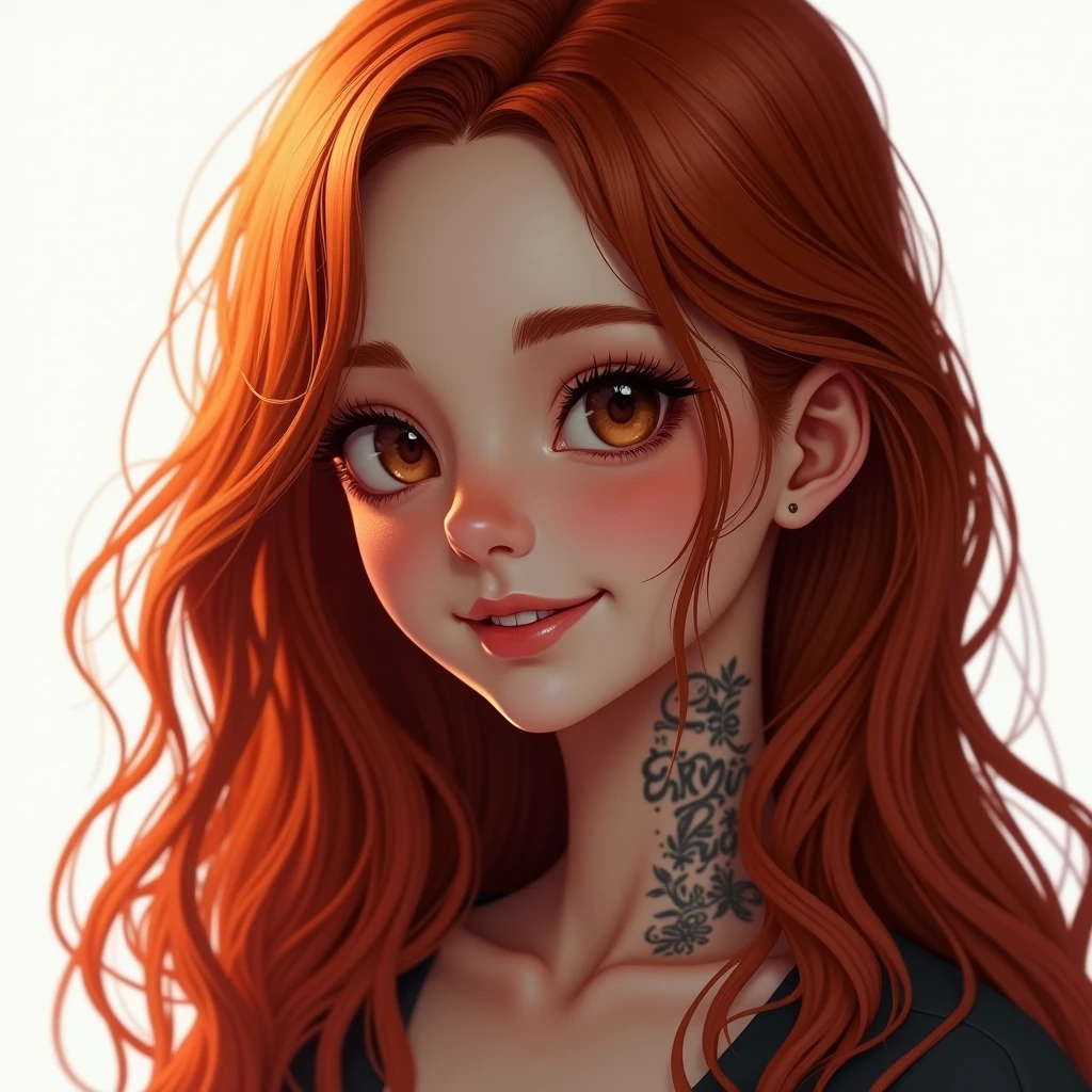a beautiful smiling girl with long red hair, detailed eyes, nose, and lips, close-up from the side, looking at the camera, on a white background, small tattoo on the neck with the inscription "ERO BULL"(best quality,4k,8k,highres,masterpiece:1.2),ultra-detailed,(realistic,photorealistic,photo-realistic:1.37),HDR,studio lighting,extremely detailed face and body, portrait,cinematic lighting,dramatic lighting,warm color tones,dramatic colors