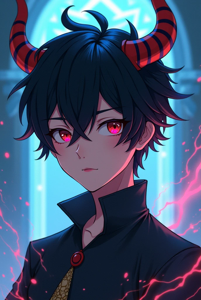 Create an anime character with black hair and horns 