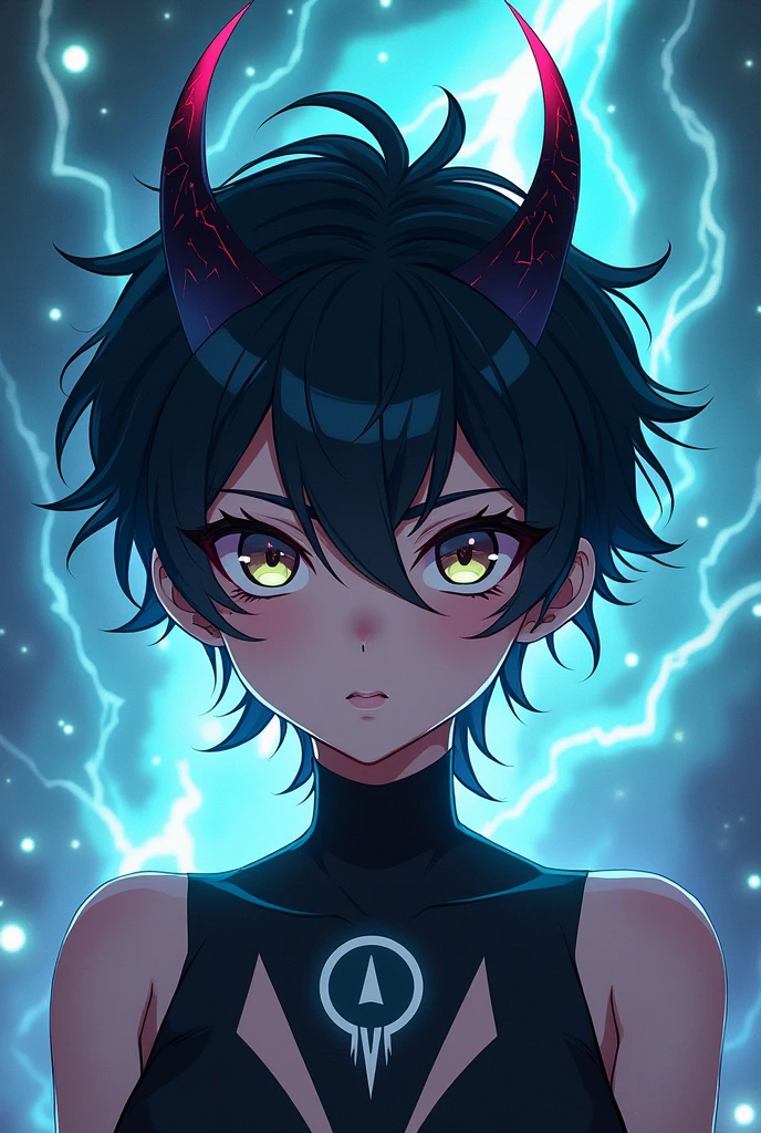 Create an anime character with black hair and horns