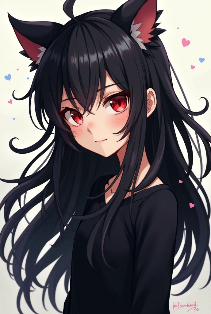  anime with spiky black long hair and eye red,her clothes is black with one bumps of cat
