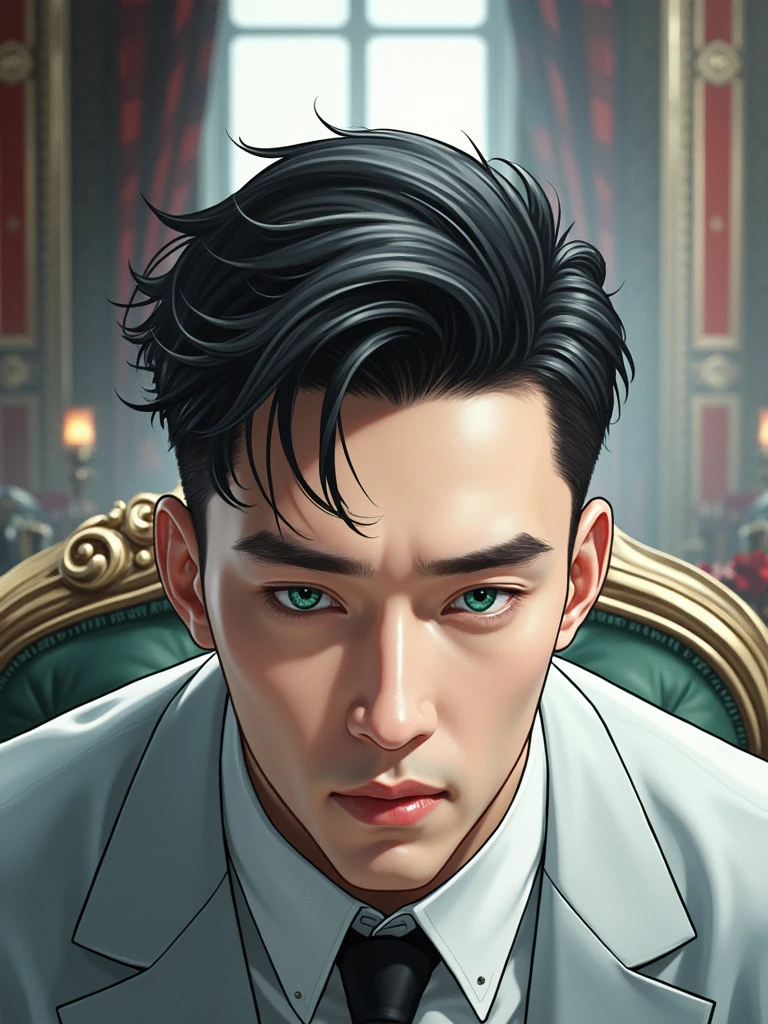 (Manhwa:3.2) Black Hair, Green Eyes, Handsome Face Red Suit, Black Tie, Royal Room Background, Sitting in a chair,