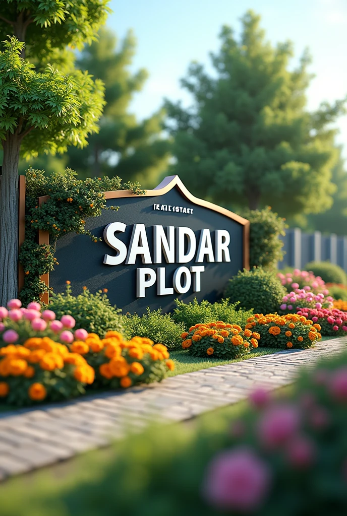 3d logo art with real estate theme,
With Real estate Background, garden, flowers, green trees,
The business name is "Sandar Plot"
