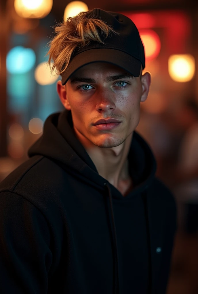 1 boy with perfect body, detailed white skin, with blonde hair, blue eyes high level, detailed facial pores athletic attractive body in nightclub wearing black sweater and cap looking at camera , ultra cinematic camera