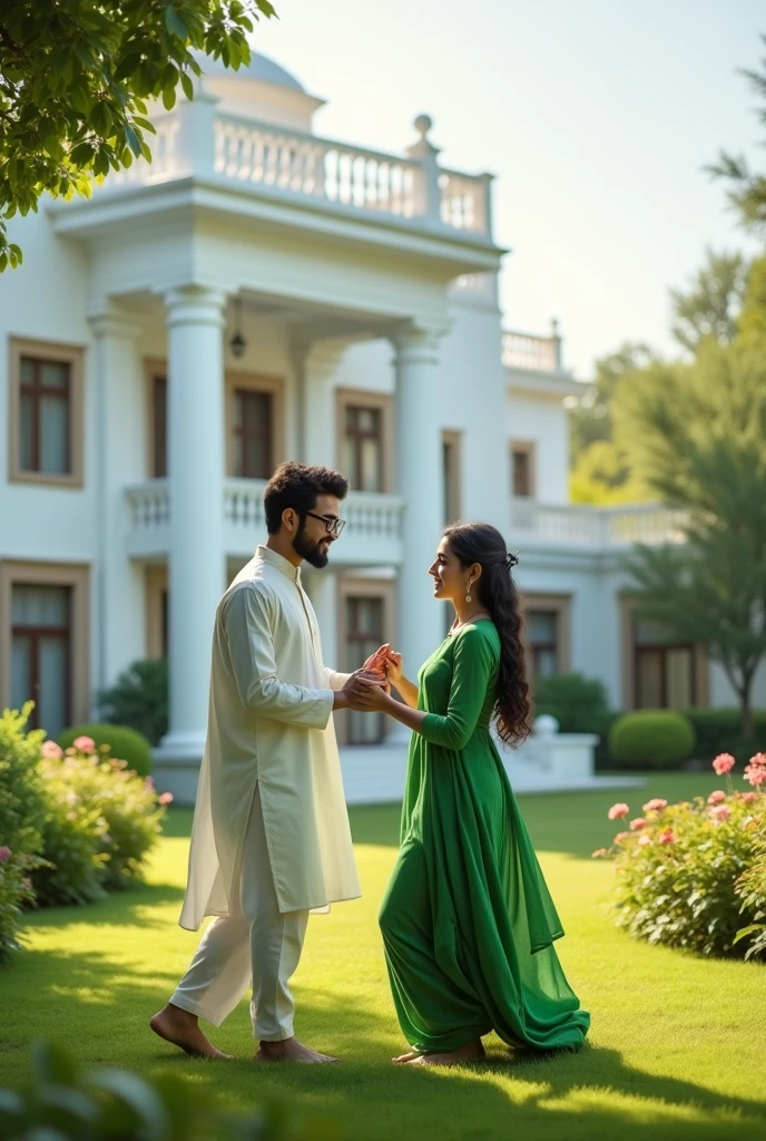 A scene where a "skinny" boy of "22 years" with light beard and thin hairs oblong sttucture thin face wearing glasses in white kurta playing around with his "skinny" wife of "19 years" in green salwar suits in the middle of the garden of his mansion of white color (please show a boy and girl)