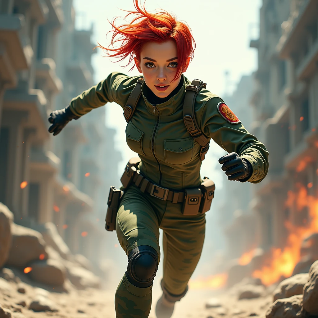 Slim Type、small 、Hurry up and run away、Female Android、Red hair shortcuts、Woman in camouflage combat uniform、Smiling Face、