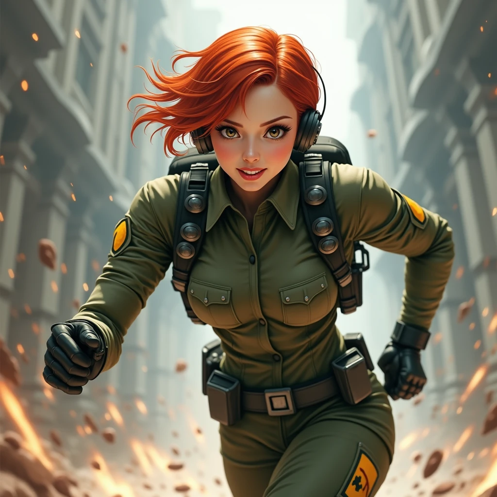 Slim Type、small 、Hurry up and run away、Female Android、Red hair shortcuts、Woman in camouflage combat uniform、Smiling Face、