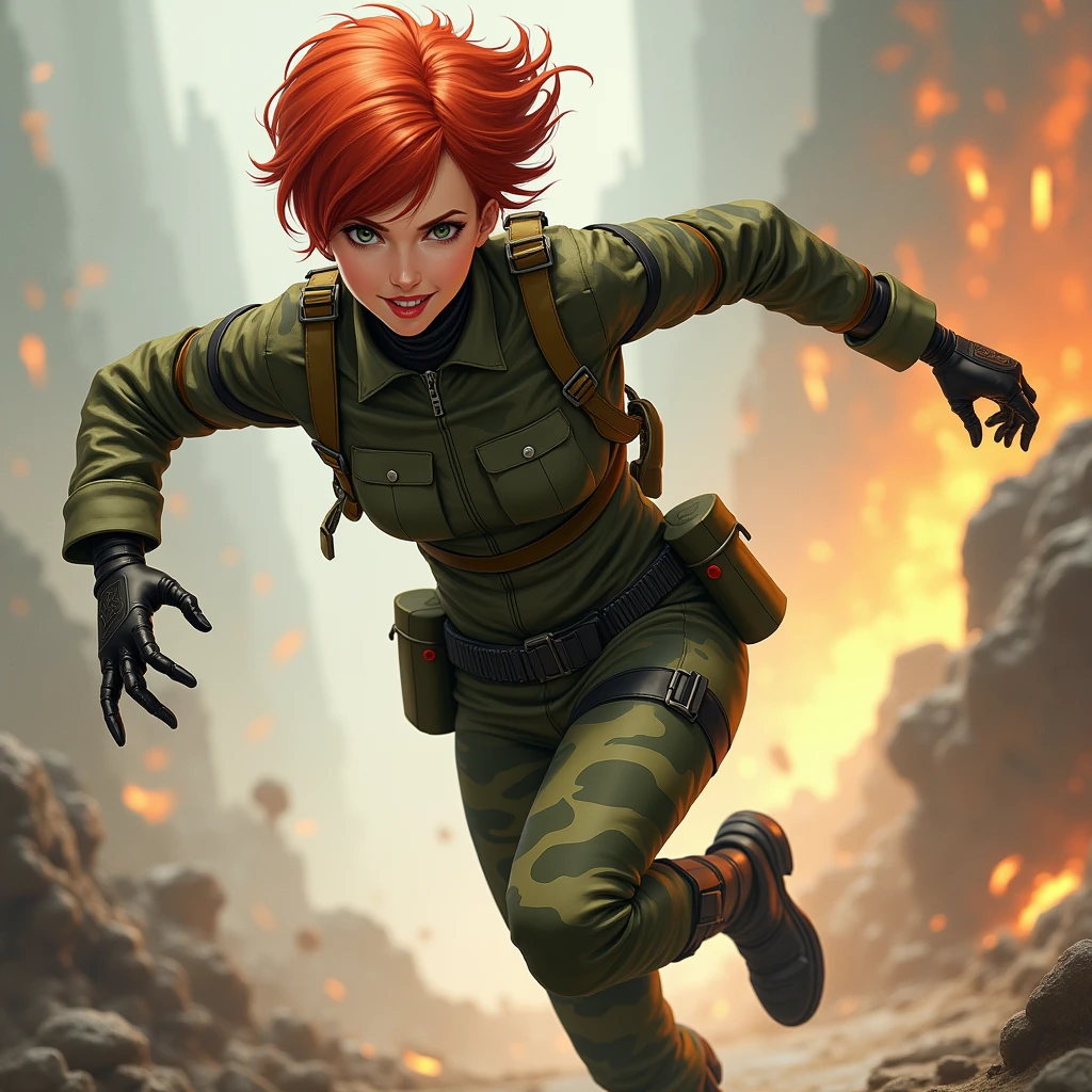 Slim Type、small 、Hurry up and run away、Female Android、Red hair shortcuts、Woman in camouflage combat uniform、Smiling Face、