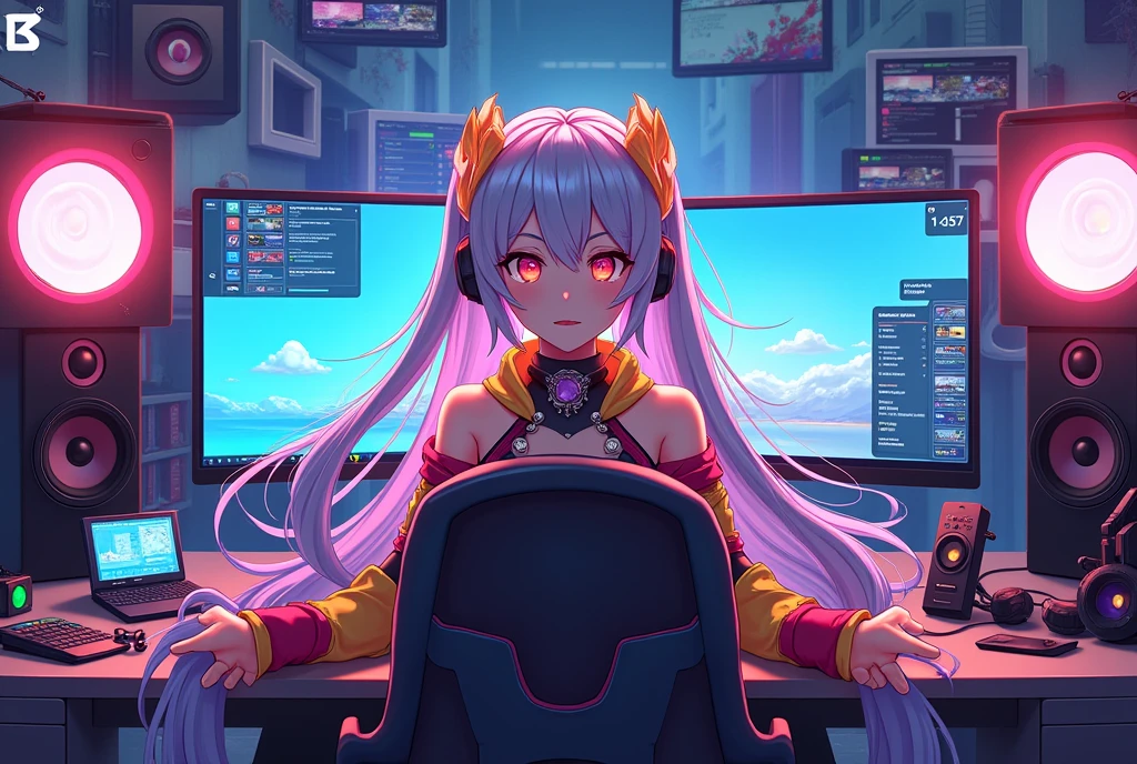 An anime character streaming in front of a computer. The anime character has long hair and is wearing Vocaloid-like clothing.
