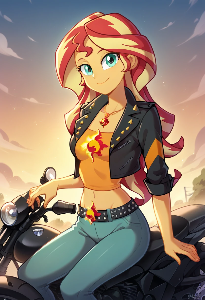 Sunset Shimmer de Equestria Girls con el by the width, looking at the viewer with half of the face, Sunset, Oceanfront, by the width, pretty eyes, beautiful face, small breasts, on top of a black motorcycle, black leather motorcycle, beautiful smile