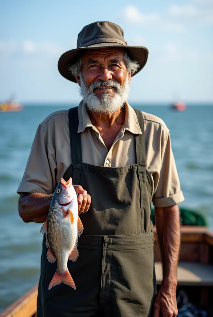 Fotografia de un hombre Peruvian de aproximadamente 70 años,Peruvian,Fisherman,with a cap ,He stands happily in his fishing boat,extending the arm at a 120 degree angle to the left,In his left hand he holds a fish