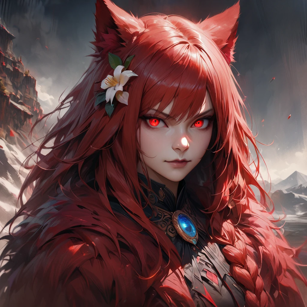 [Best quality,shaded,extreme detail,very detailed,Ultra detailed,difficult,realistic,full review,detailed landscape],wolf woman,wolf girl,full length portrait,Full fur,red fur,Full Tail,red-haired redhead, straight hair, braided hair, brooch in hair, brooch with flower, Almond-shaped eyes, Red eyes, Intimidating Smile, A sinister look, demonic clothes