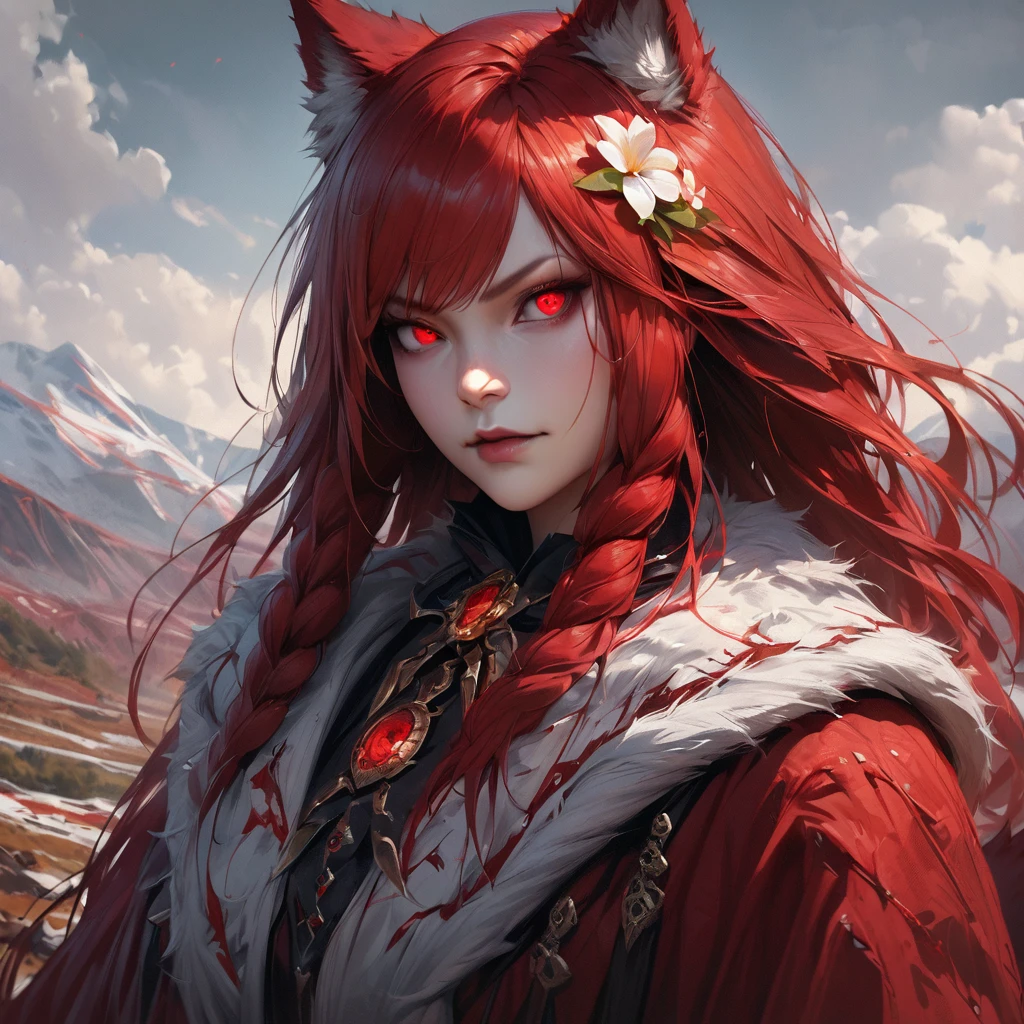 [Best quality,shaded,extreme detail,very detailed,Ultra detailed,difficult,realistic,full review,detailed landscape],wolf woman,wolf girl,full length portrait,Full fur,red fur,Full Tail,red-haired redhead, straight hair, braided hair, brooch in hair, brooch with flower, Almond-shaped eyes, Red eyes, Intimidating Smile, A sinister look, demonic clothes