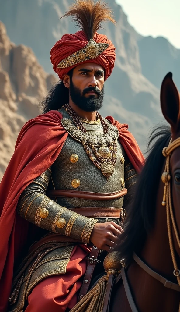 "Maharana Pratap is depicted in his traditional regal attire, wearing a grand turban with a feather, a richly decorated armor, and an elaborate necklace. He is mounted on his horse, Chetak, which is adorned with ornate saddles and bridles. The background features a historical setting with a rugged, mountainous landscape, emphasizing his warrior spirit and the era of his reign. His expression is fierce and determined, showcasing his valor and leadership."