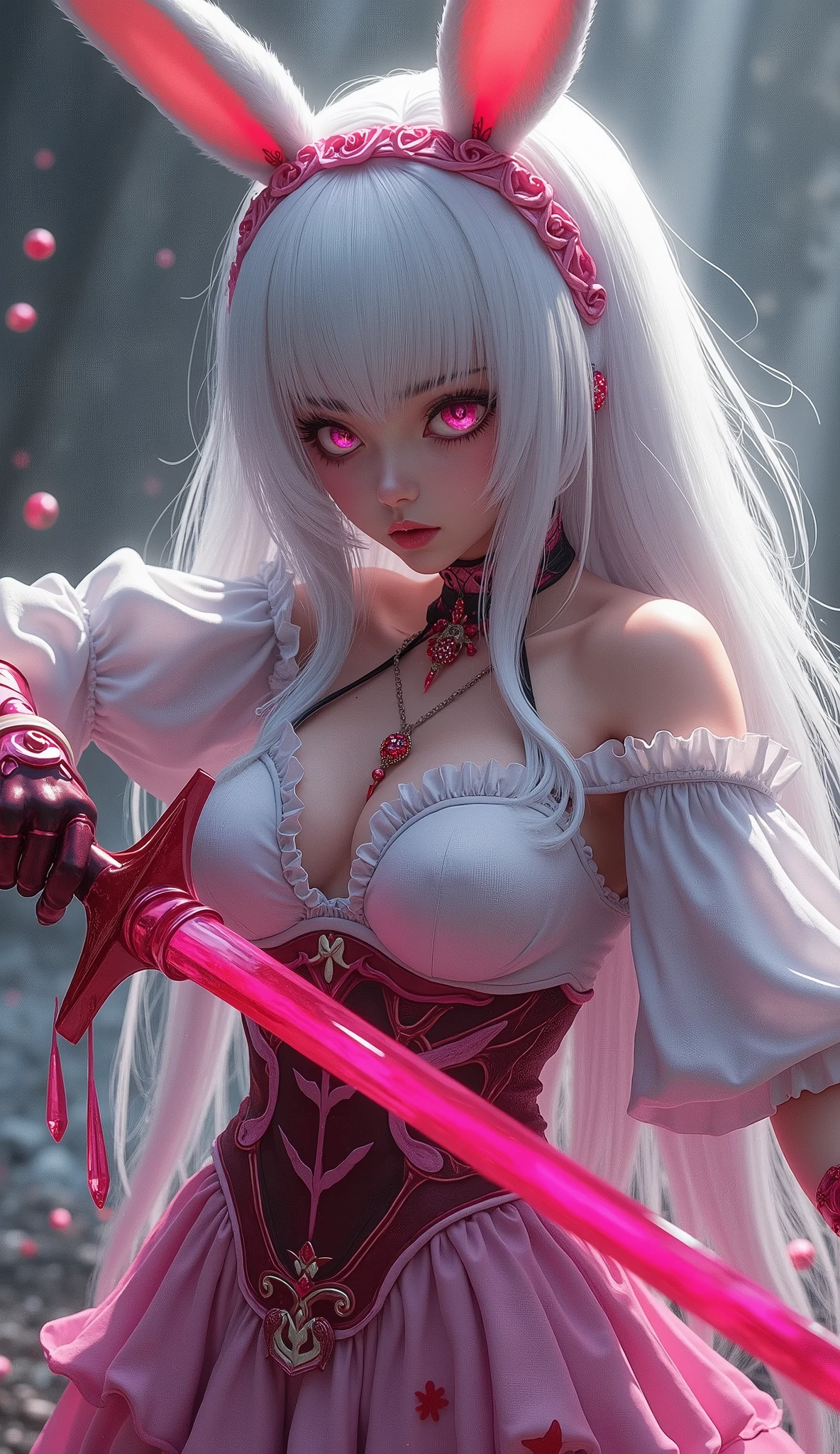anime girl, white hair, white bunny ears, pink eyes, and pink fighting with a pink sword and angry all covered in blood maid outfit with huge busts, high quality, (RAW photo, best quality), (realistic, photorealistic: 1.4), (extremely delicate and beautiful: 1.4), amazing, fine details, masterpiece, ultra detailed, high resolution, best illustration, best shadow, intricate, ( extremely intricate: 1.2), (exquisitely detailed skin), cinematic light, perfect anatomy, (cool color: 1.4), sharp focus, 8k UHD, DSLR, (Fujifilm XT3),Epic Fantasy Art Style HD, 4K fantasy art, epic fantasy digital art style, epic fantasy art style, Fantasy Woman, epic fantasy art portrait, Epic fantasy style, hyperrealistic fantasy art, hd fantasy art, Epic fantasy character art, epic fantasy art, in style of dark fantasy art, epic fantasy digital art