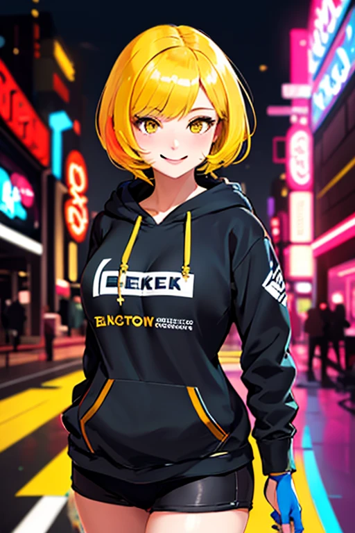 high quality, subsurface scattering, chromatic lighting,
colorized, yellow + black limited color palette, 
detailed concept drawing,
in a casino, futuristic, cyberpunk, hoodie
portrait, 20yo 1girl, medium soft breasts, slender, yellow hair, yellow eyes, smiling