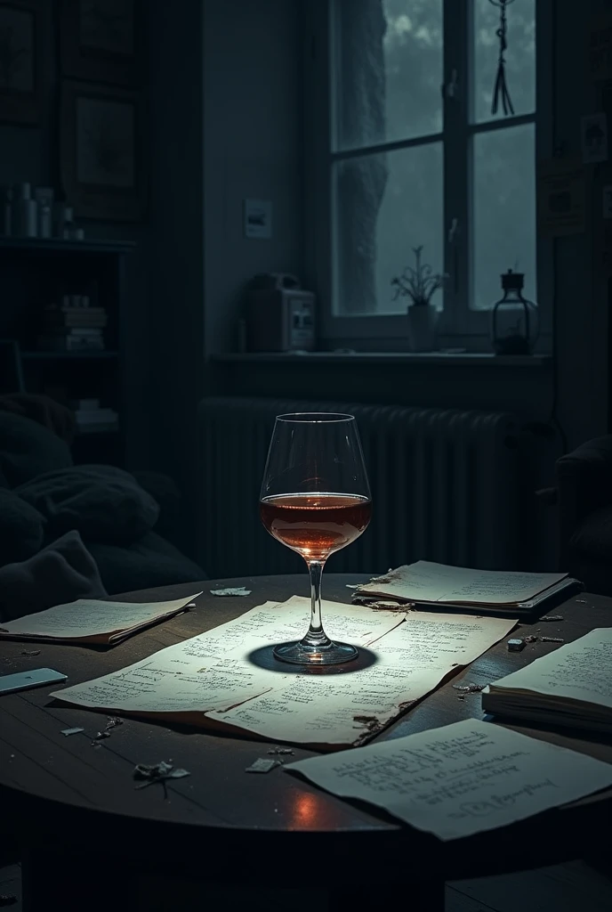**main image**: A background with a lonely atmosphere, like a messy coffee table in a dark, cozy room. over the table, a glass of drink, maybe a bottle of wine or a glass with a drink that looks half full, reflecting the feeling of desolation.
*Additional Elements**: Scraps of paper or notebooks with notes and sentences in irregular handwriting, some torn or smudged, scattered across the table or around the glass. This illustrates the character's confusion and disordered feelings..
**colors**: Dark and saturated tones, like navy blue, gray and black, with touches of white or silver to create contrast and highlight the title. The use of shadows and soft lighting can intensify the feeling of melancholy..