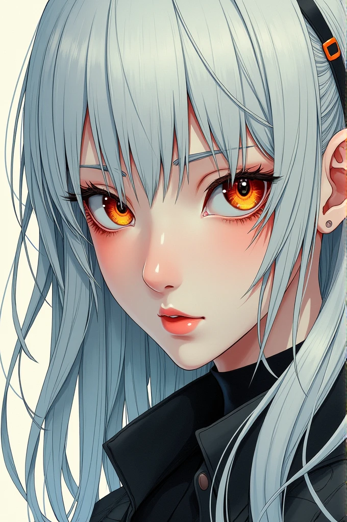 style of Tsutomu Nihei,(incredibly absurdres, (high resolution:1.18), intricate detail, (masterpiece:1.1), (highest quality:1.1), absurdres),(1girl, portrait, white hair, orange eyes, long hair, detailed eyes),