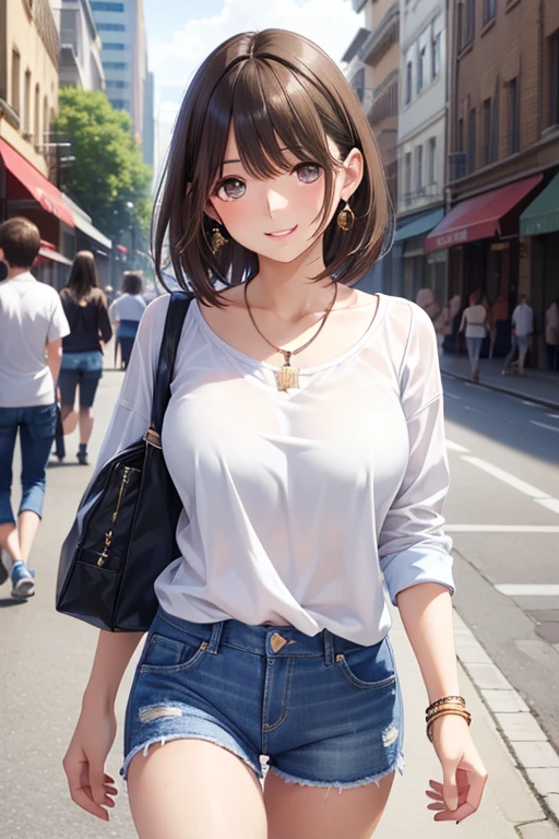anegasaki nene、Shiny brown hair, short hair, (Beautiful brown eyes、Sparkling eyes, Fine grain)、smile、Ultra-detailed eyes、Highly detailed face, Highly detailed eyes,
((masterpiece,Highest:1.3,Highestのイラスト,Realistic)),High resolution, High resolution,2D Anime Style,
Cool woman,Mature,,Beautiful earrings,Beautiful Necklace,
Casual Fashion,Denim shorts,laughing,whole body,Walking around the city,
