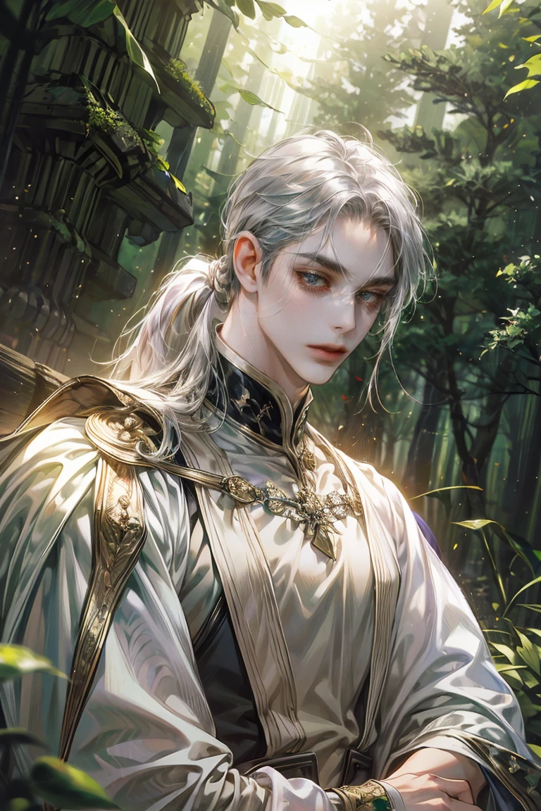 (absurd, mackerel, very detailed)masterpiece, best quality, 1 male, adult, amazing, tall muscular man, broad shoulders, eye for detail, low ponytail silver hair, purple eyes, white gown, forest, Trees full of green, fluttering leaves, pond, Light and shadow of nature, There are sparkling particles flying around the man, fantastic, fairytale, occult, Shining Sparkle, (dutch angle), closed mouth, Dynamic light and shadow